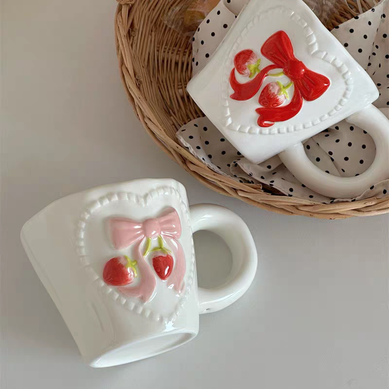 Beautiful Handmade Hand-painted Embossed Strawberry Ceramic Mug - Pink