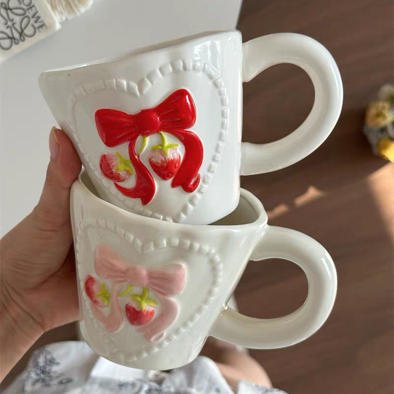 Beautiful Handmade Hand-painted Embossed Strawberry Ceramic Mug - Pink