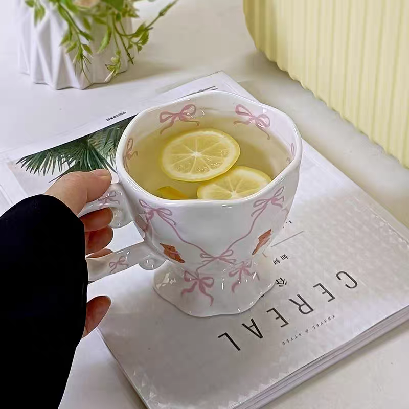 Handmade Pink Bow Teddy Irregular Ceramic Mug