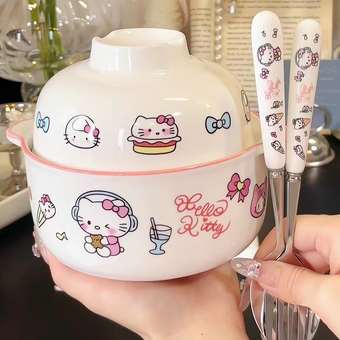 Hello Kitty Ceramic Bowl With Ceramic Spoon and Fork