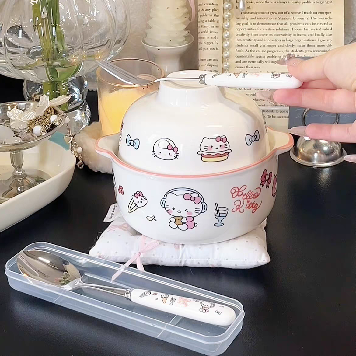 Hello Kitty Ceramic Bowl With Ceramic Spoon and Fork