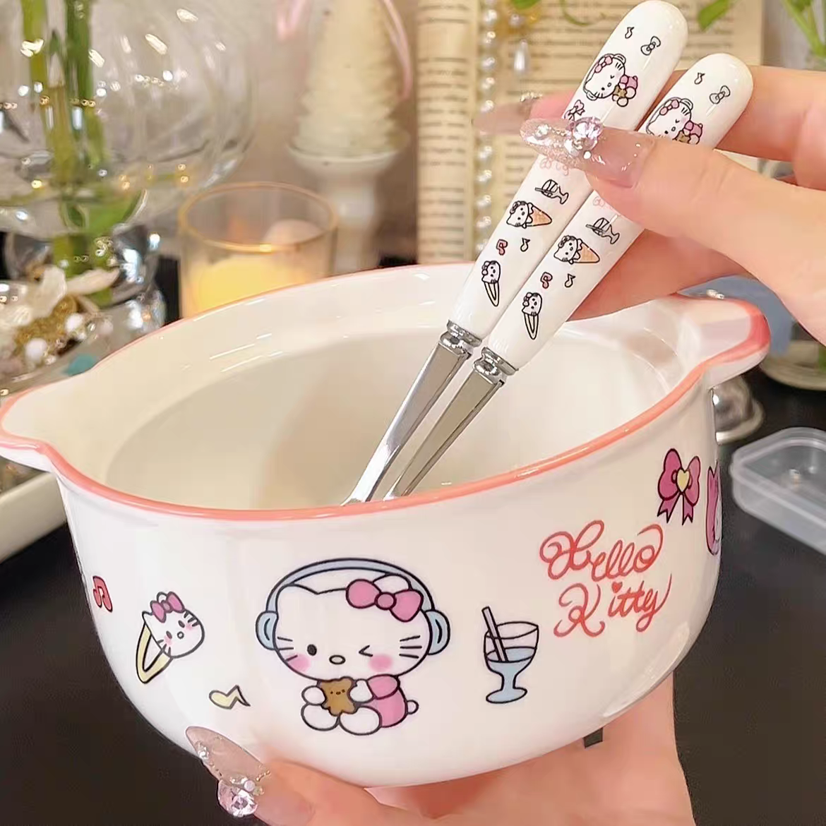 Hello Kitty Ceramic Bowl With Ceramic Spoon and Fork