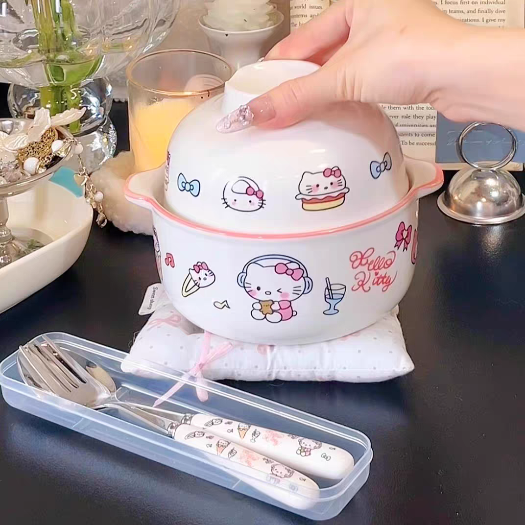 Hello Kitty Ceramic Bowl With Ceramic Spoon and Fork