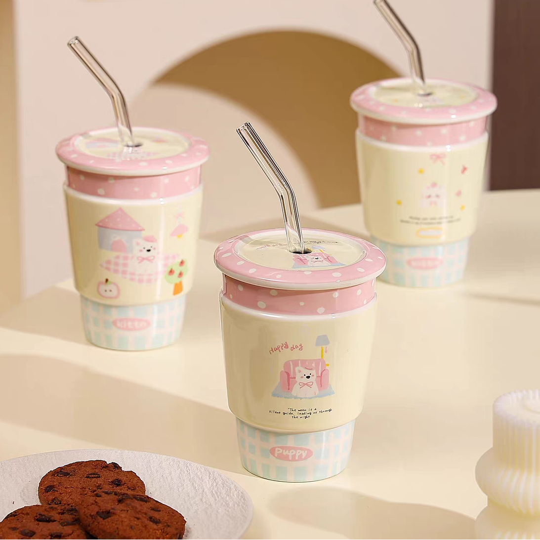 Puppy Homebody Ceramic Latte Tumbler - with Lid & Straw