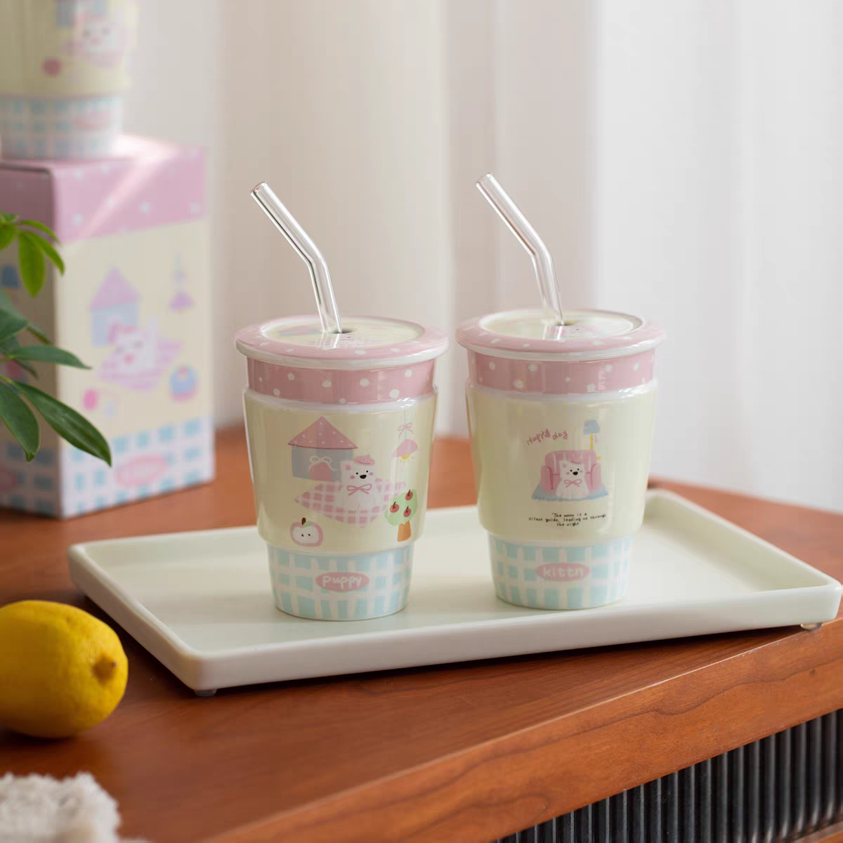 Puppy Homebody Ceramic Latte Tumbler - with Lid & Straw