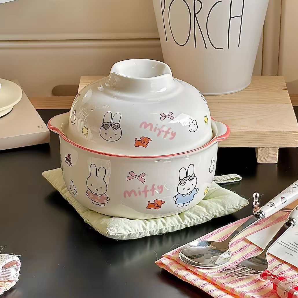 Cute Miffy Ceramic Breakfast Bowl with Ceramic Spoon & Fork