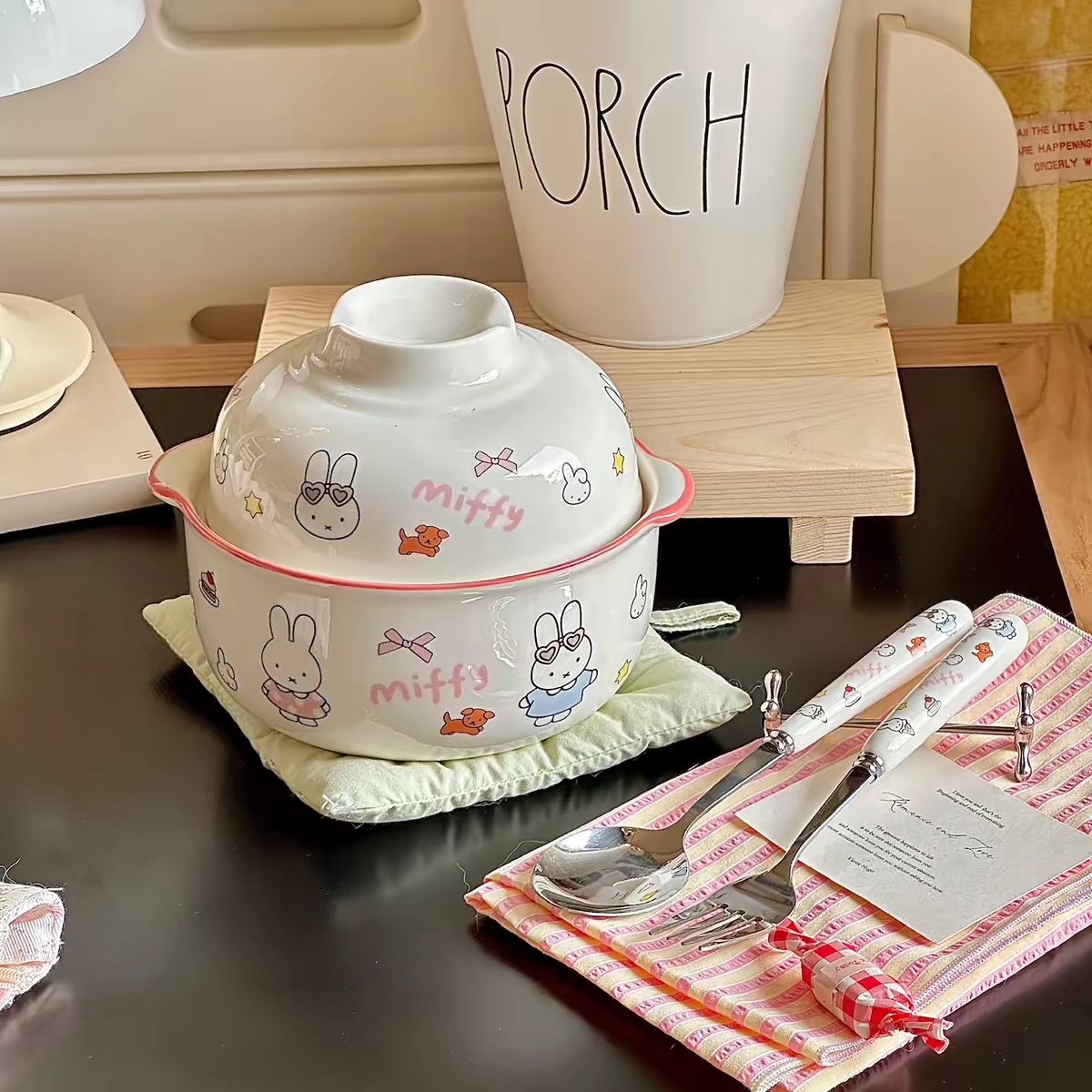 Cute Miffy Ceramic Breakfast Bowl with Ceramic Spoon & Fork