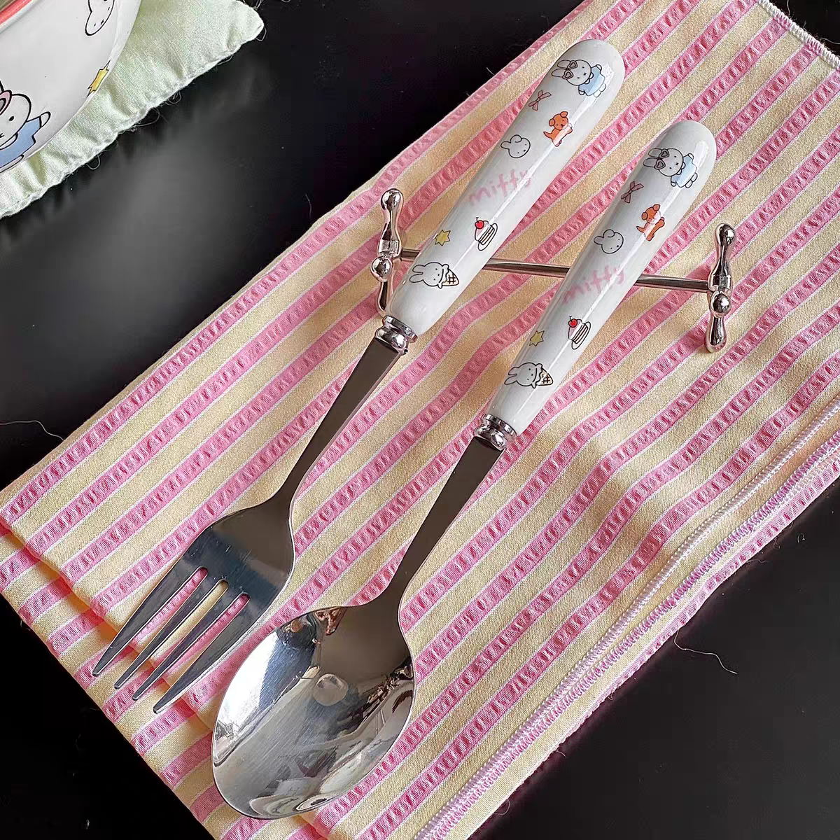 Cute Miffy Ceramic Breakfast Bowl with Ceramic Spoon & Fork