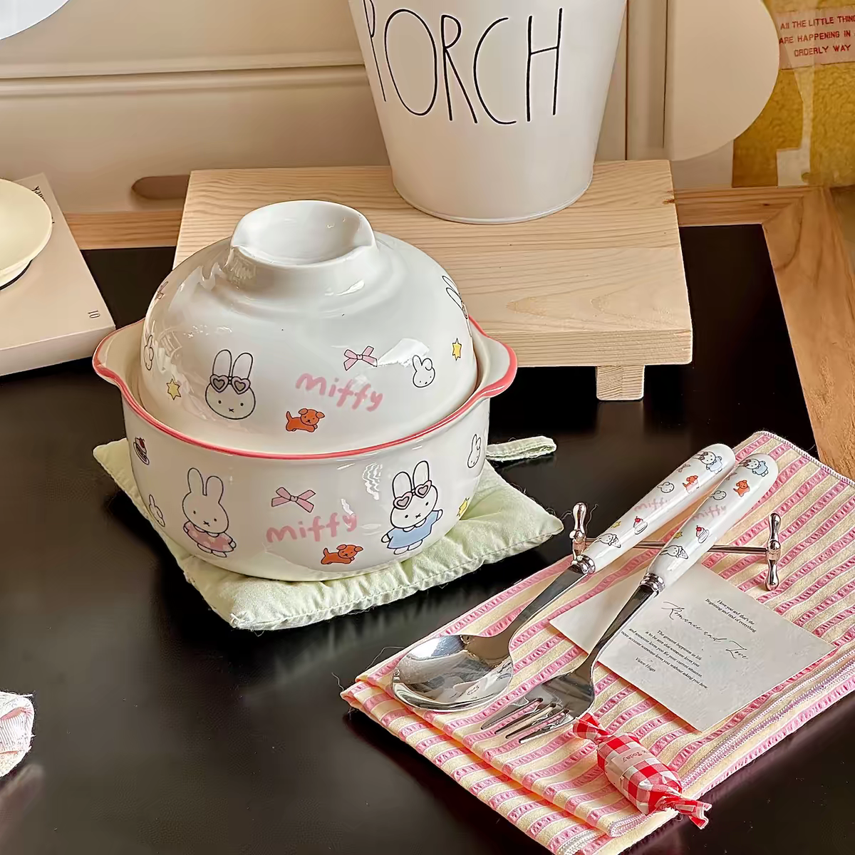 Cute Miffy Ceramic Breakfast Bowl with Ceramic Spoon & Fork