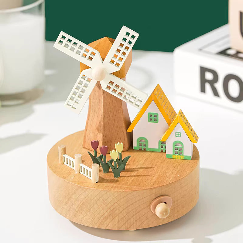 Rotating Windmill Wooden Music Box