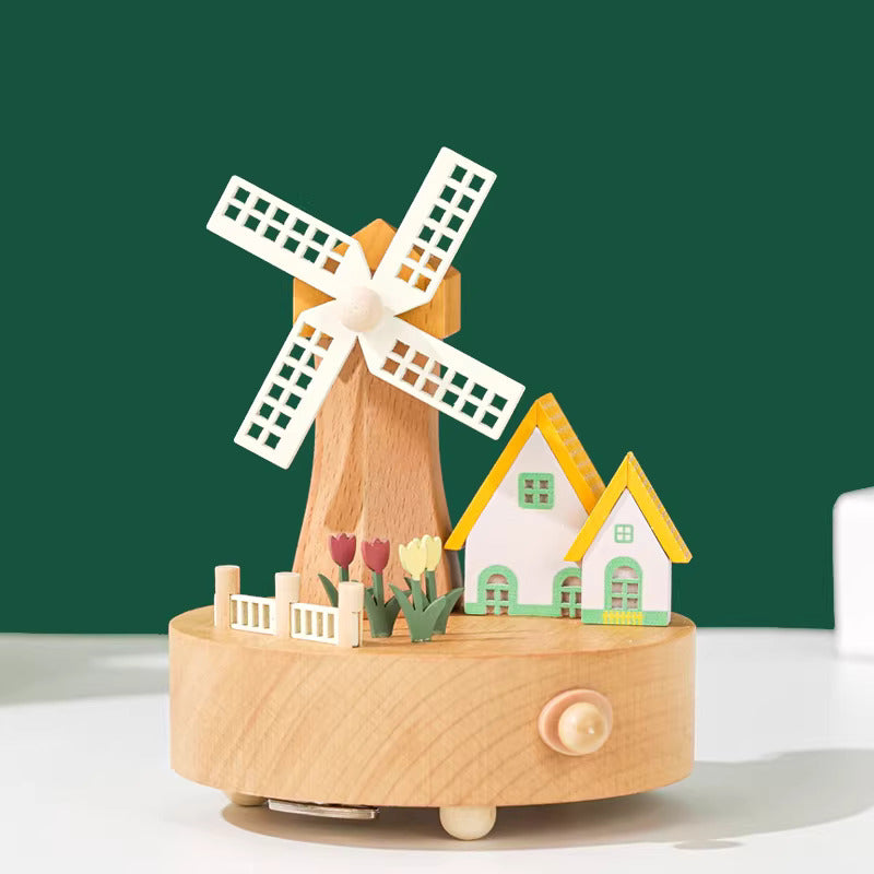 Rotating Windmill Wooden Music Box