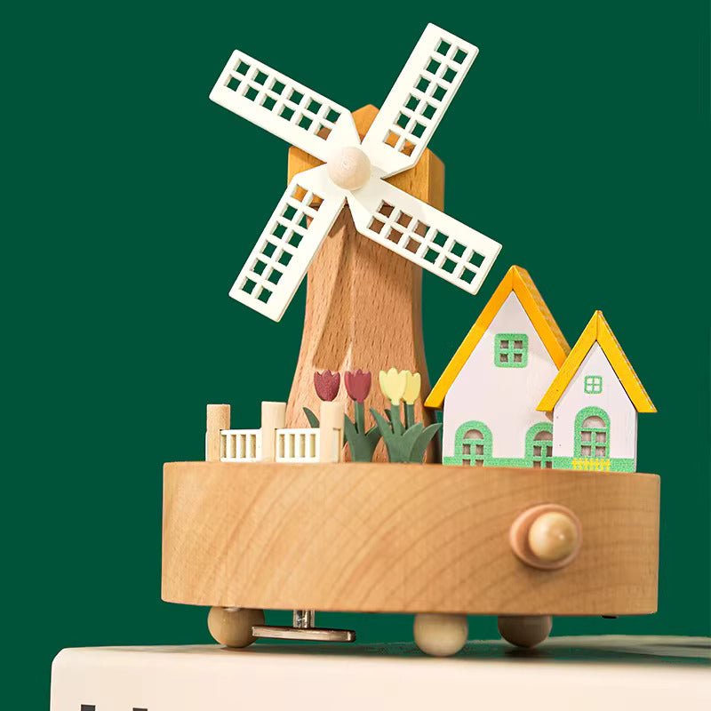 Rotating Windmill Wooden Music Box