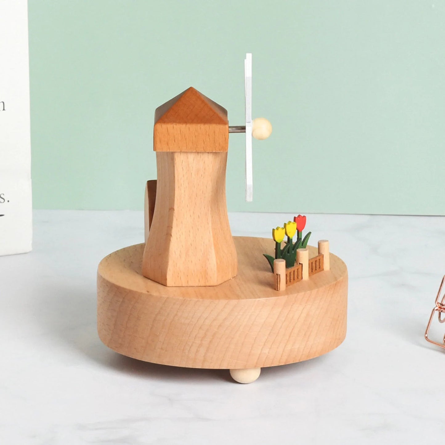 Rotating Windmill Wooden Music Box